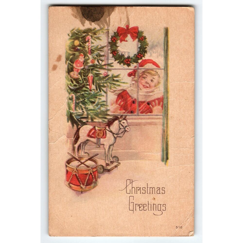 Christmas Postcard Child In Santa Claus Suit Outside Window Toys X-mas Tree